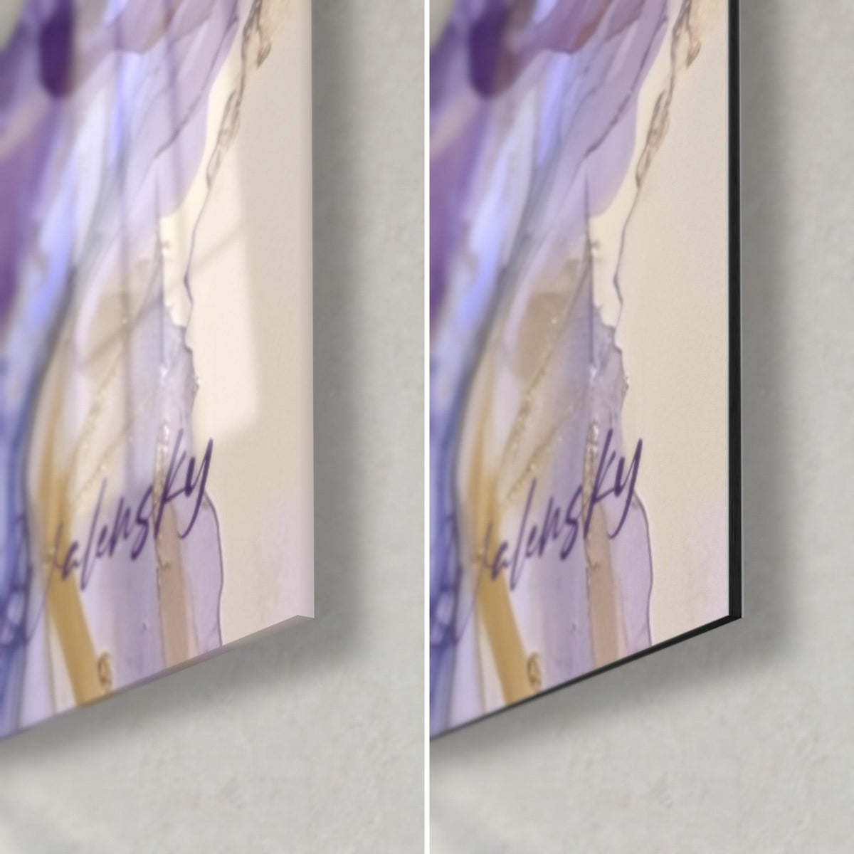 Tableau œil mystique aux reflets lilas et dorés, coin bas droit : verre acrylique brillant à gauche, alu Dibond noir mat à droite