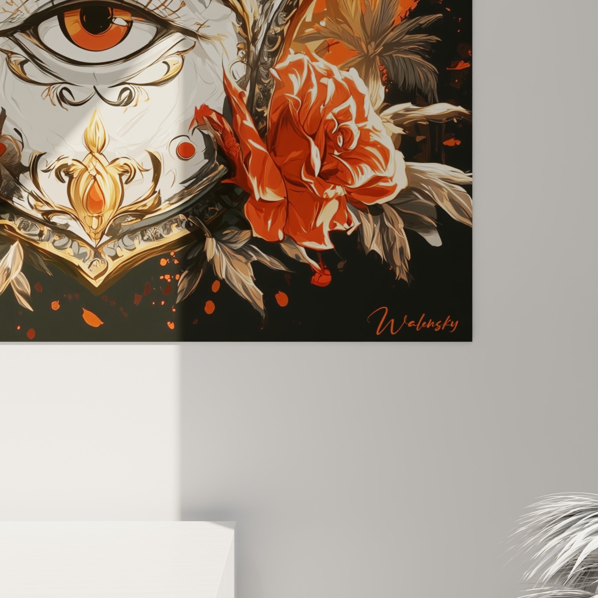 Détail des pétales rouge corail et des empâtements dorés révélant le grain de l'impression sur toile