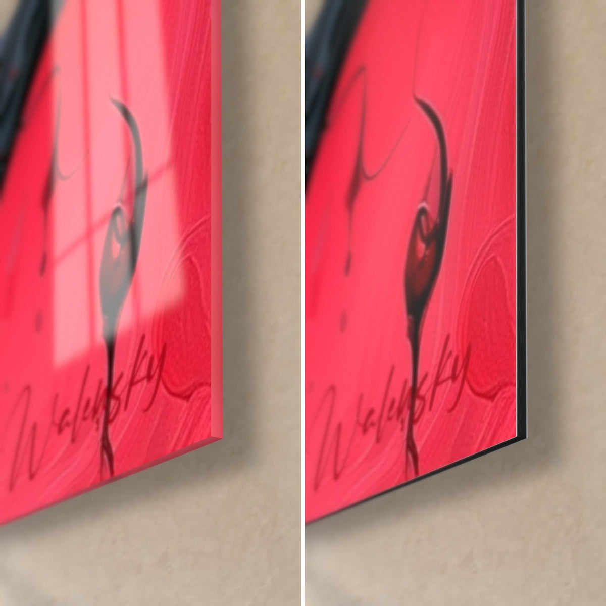 Tableau amulette noire à l'œil rouge, coin bas droit : verre acrylique brillant reflétant la lumière et alu Dibond mat, tranche de 3 mm