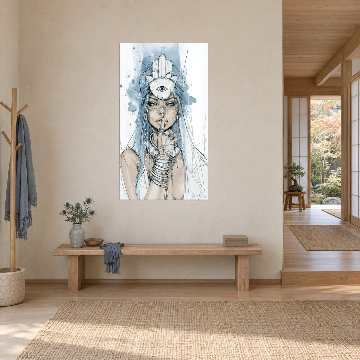 Quadro ritratto nel gesto del silenzio, occhio blu su una mano bianca, spruzzi azzurri e tratti neri, vista di tre quarti in un corridoio japandi
