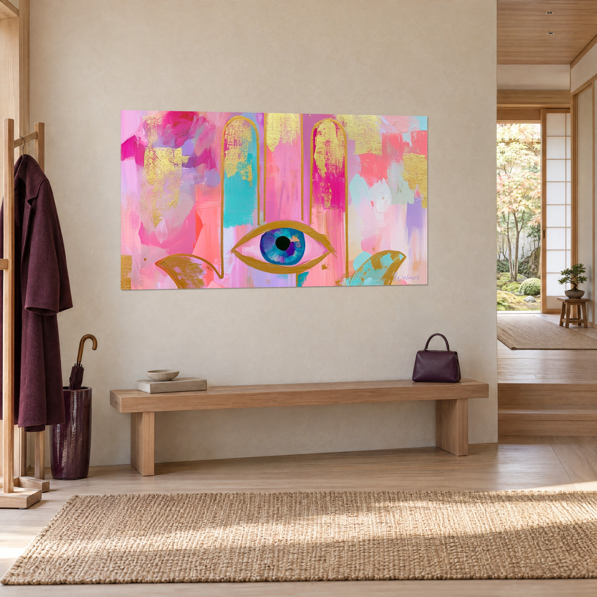 Tableau talisman à l'iris bleu profond, coups de pinceau fuchsia, lilas et feuille d'or, accroché dans une entrée japandi