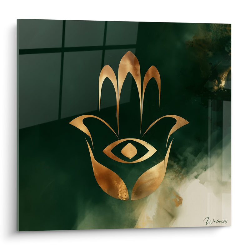Tableau Symbole doré aux fumées vert émeraude - Veille silencieuse - Edition Main de fatma