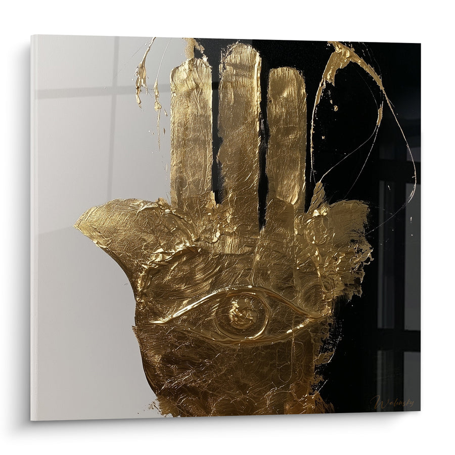 Golden and Black Fatima Hand Painting with Thick Texture - Metallic Splatters - Fatima Hand Edition