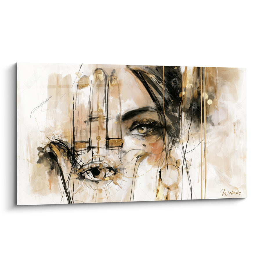 Fatma Hand Beige and Black Painting with Sketched Face - Circular Earring Loop - Fatma Hand Edition
