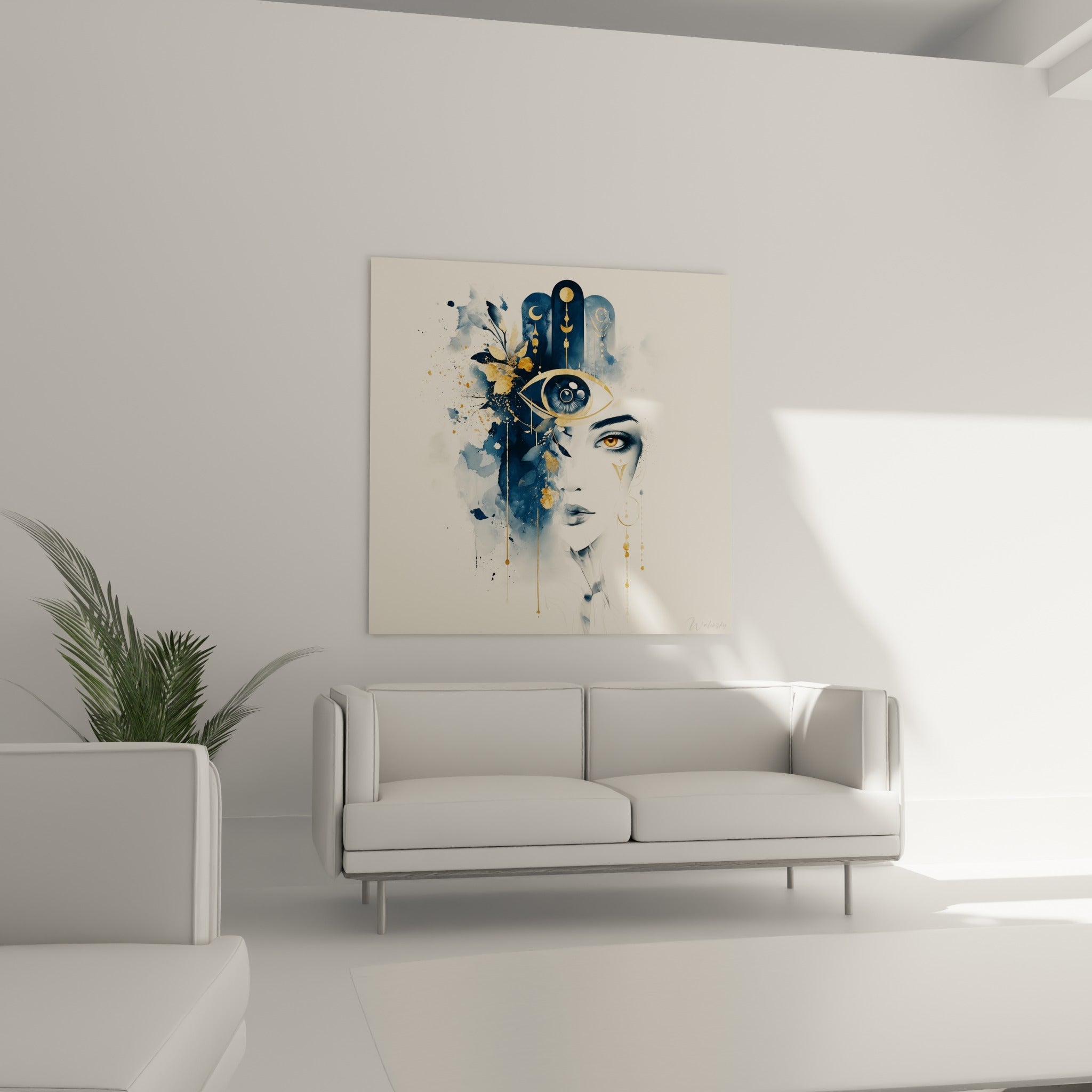Œil doré central et éclaboussures bleu marine composant la Main de fatma, au-dessus d'un canapé dans un salon lumineux
