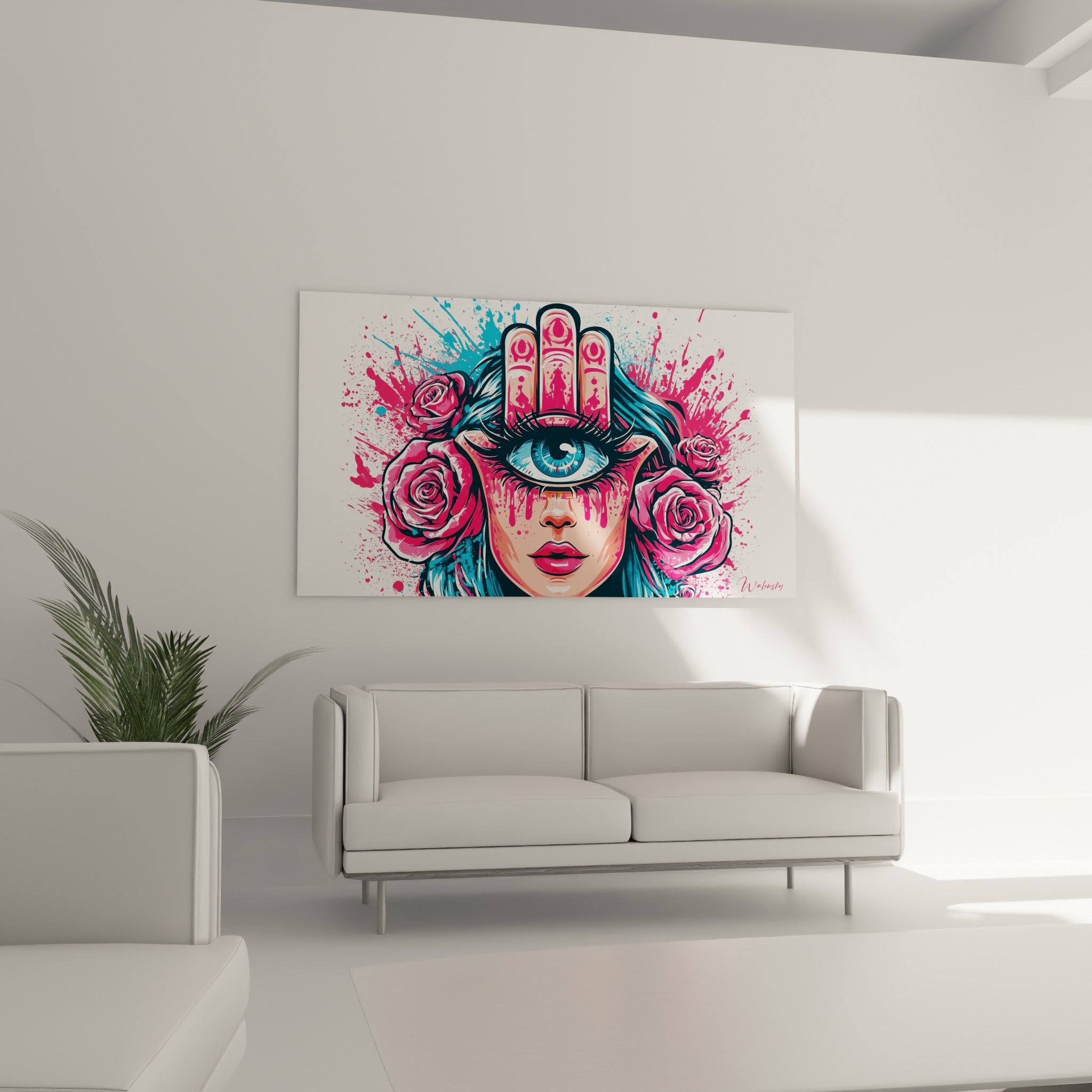 Portrait Main de fatma bleu turquoise et rose vif, larmes fuchsia, au-dessus d'un canapé dans un salon lumineux