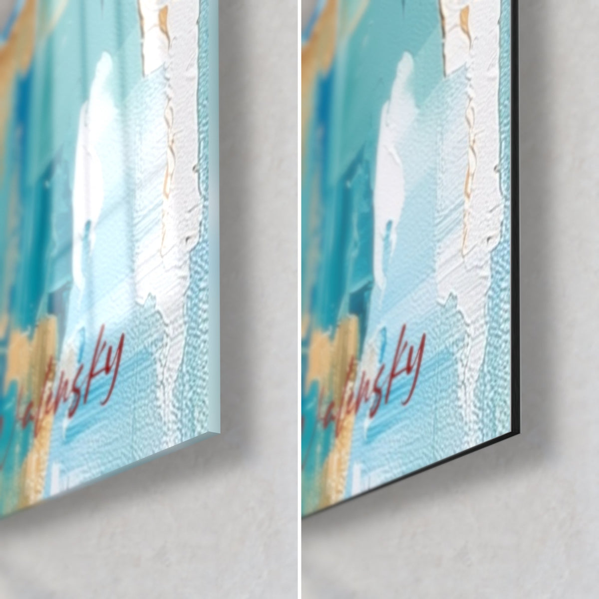 Tableau talisman à cinq doigts, coin bas droit : pâte blanche en relief sur bleu ciel, verre brillant à gauche, Dibond mat à droite
