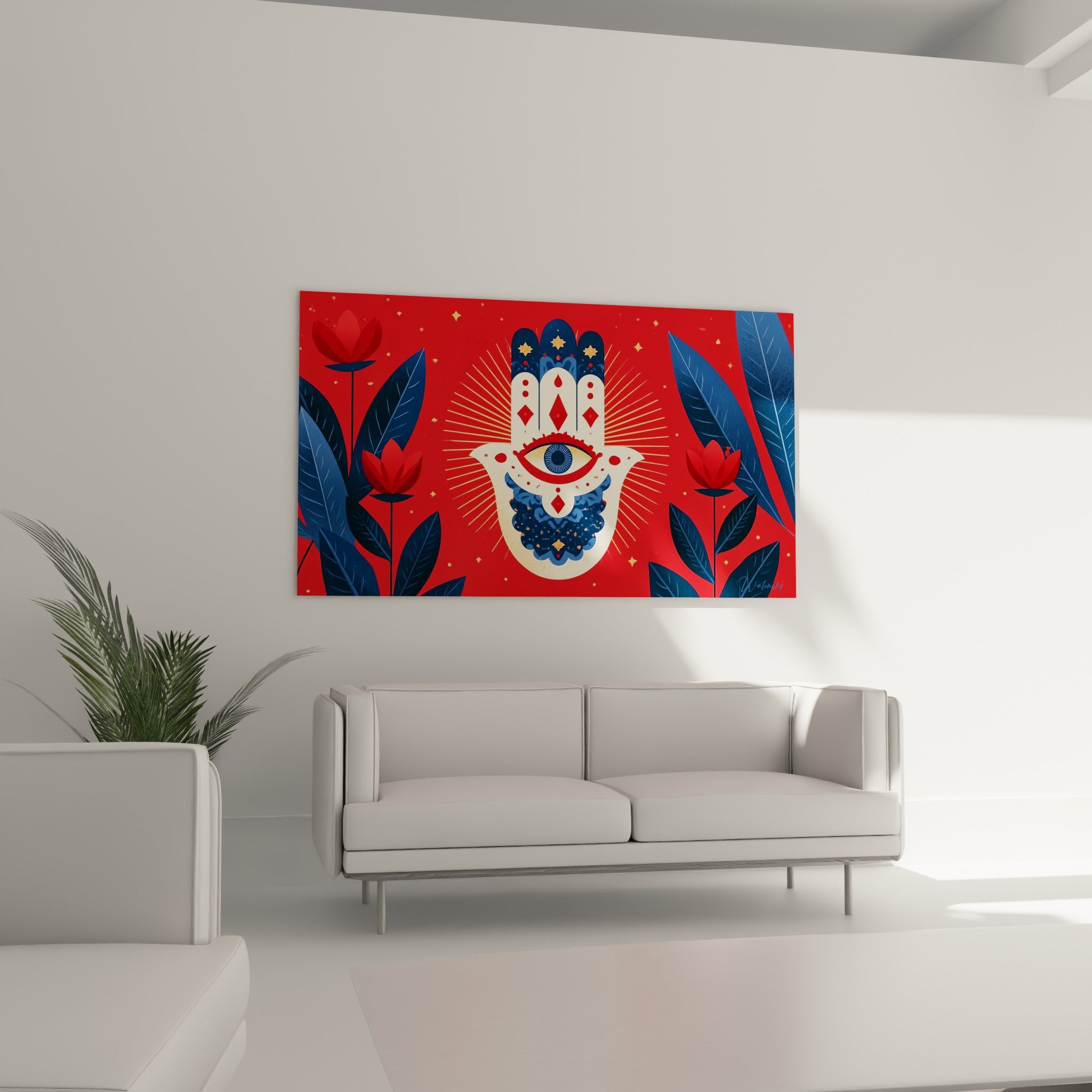 Motif main de fatma ivoire et rouge orné d'étoiles dorées au-dessus d'un canapé dans un salon lumineux