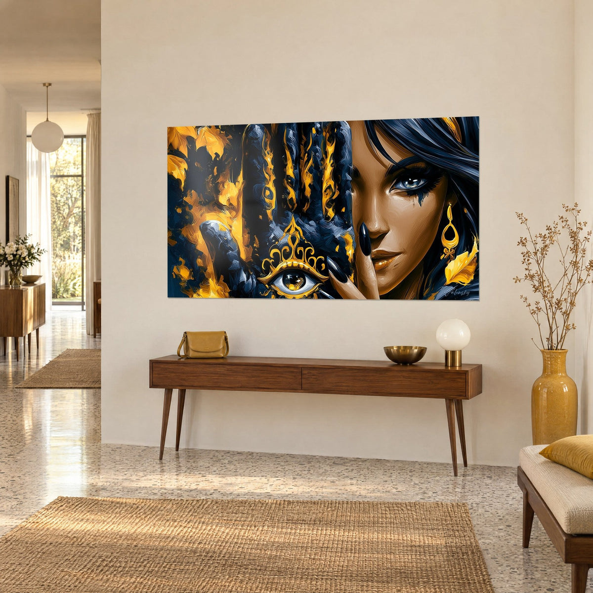 Tableau paume sacrée d'encre bleu nuit aux flammes jaune safran, ongles noirs griffés, en vue de trois-quarts sur un mur crème au-dessus d'une console