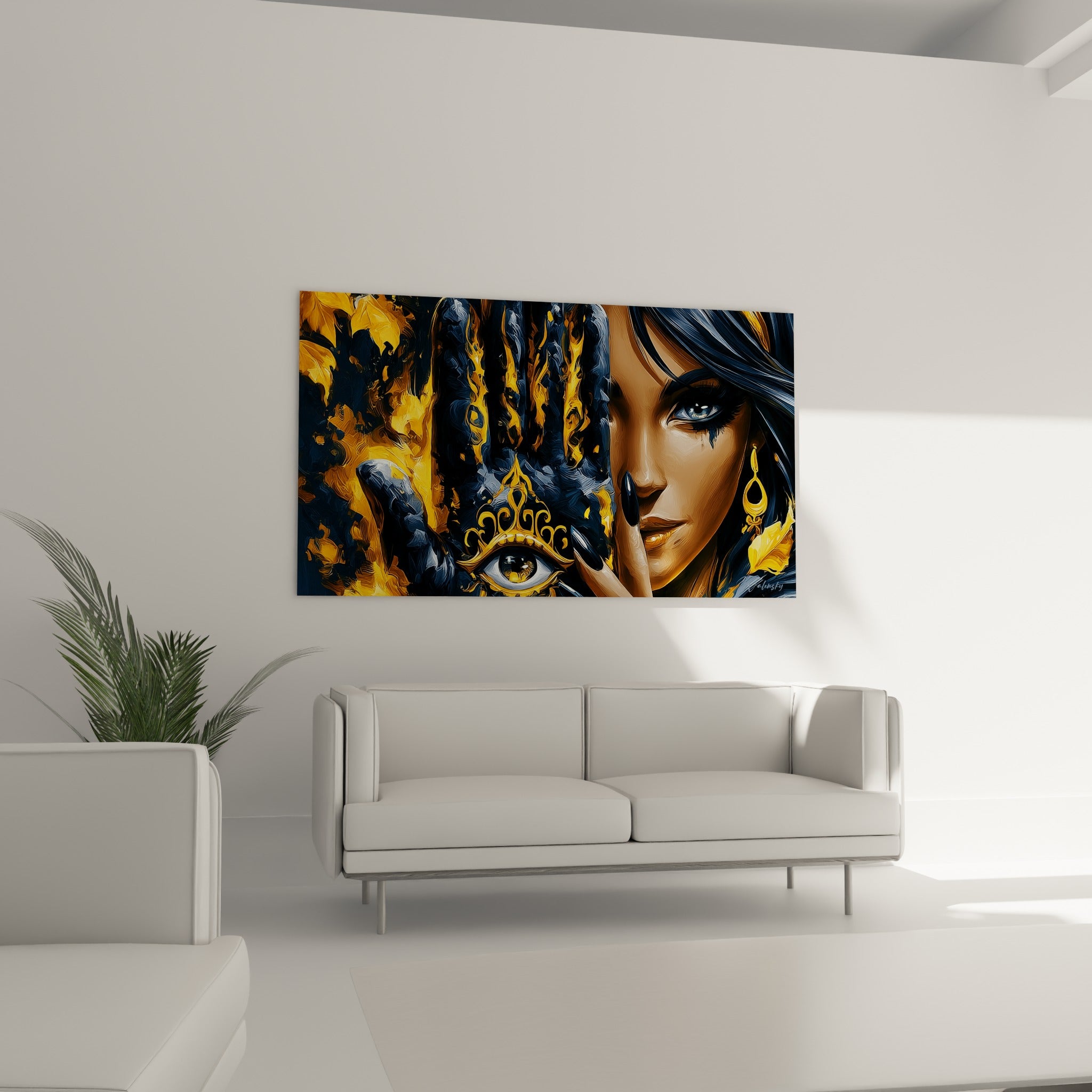 Femme au regard perçant et main protectrice dorée, au-dessus d'un canapé dans un salon lumineux