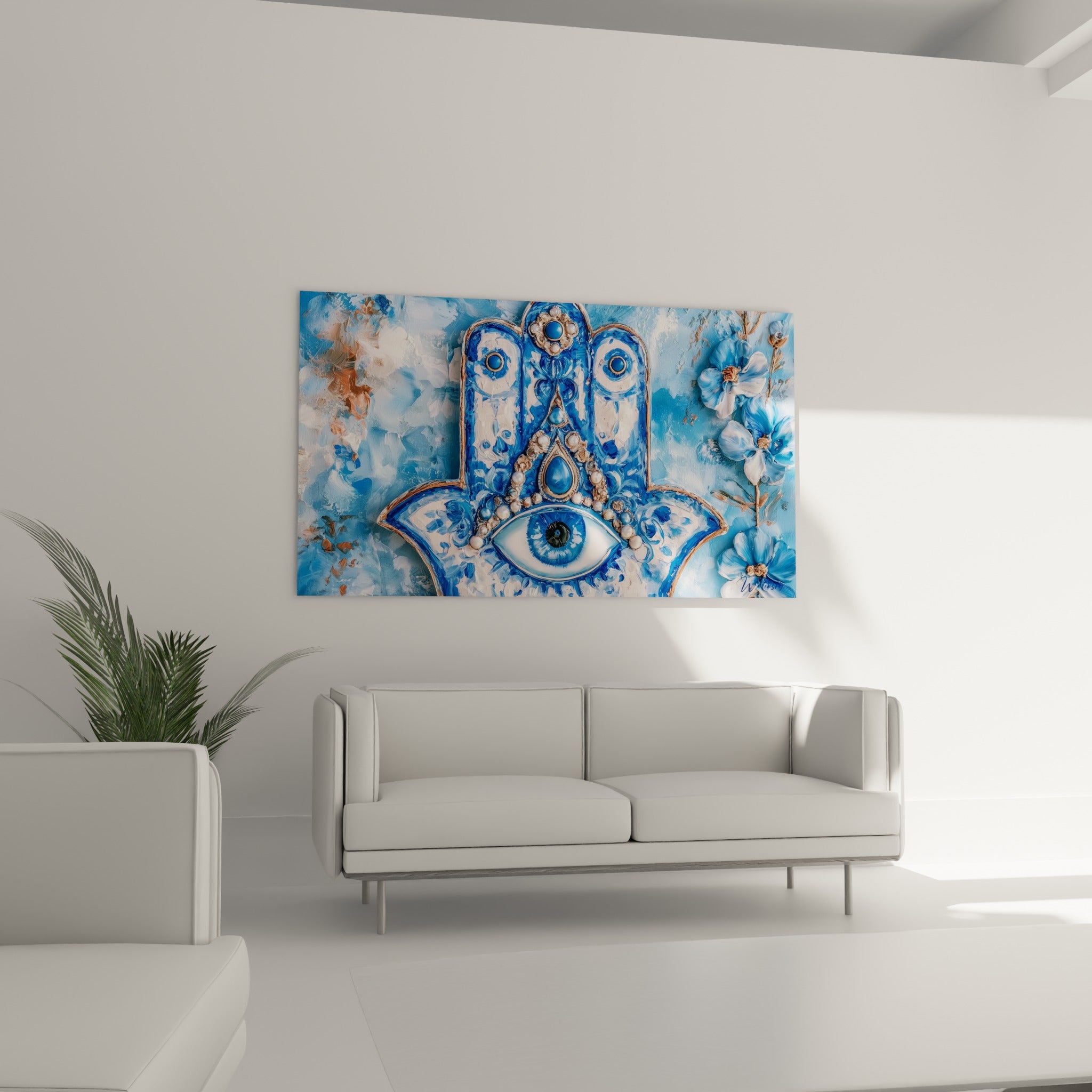 Ornement bleu ciel et blanc, fleurs texturées, au-dessus d'un canapé dans un salon lumineux