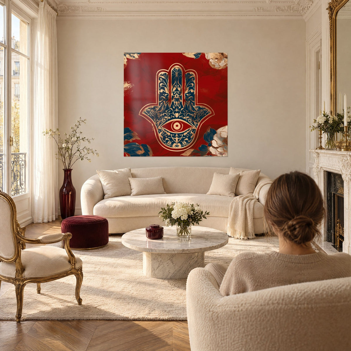 Tableau main de Fatma ornée d'arabesques dorées sur fond rouge carmin, œil rubis central, au-dessus d'un canapé dans un salon lumineux