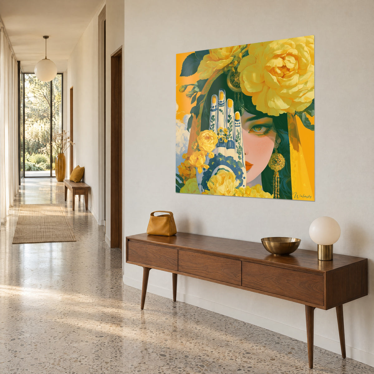Cuadro secreto velado: palma blanca tatuada con volutas índigo, gran rosa amarillo limón, fondo azafrán, pared beige de un pasillo acristalado