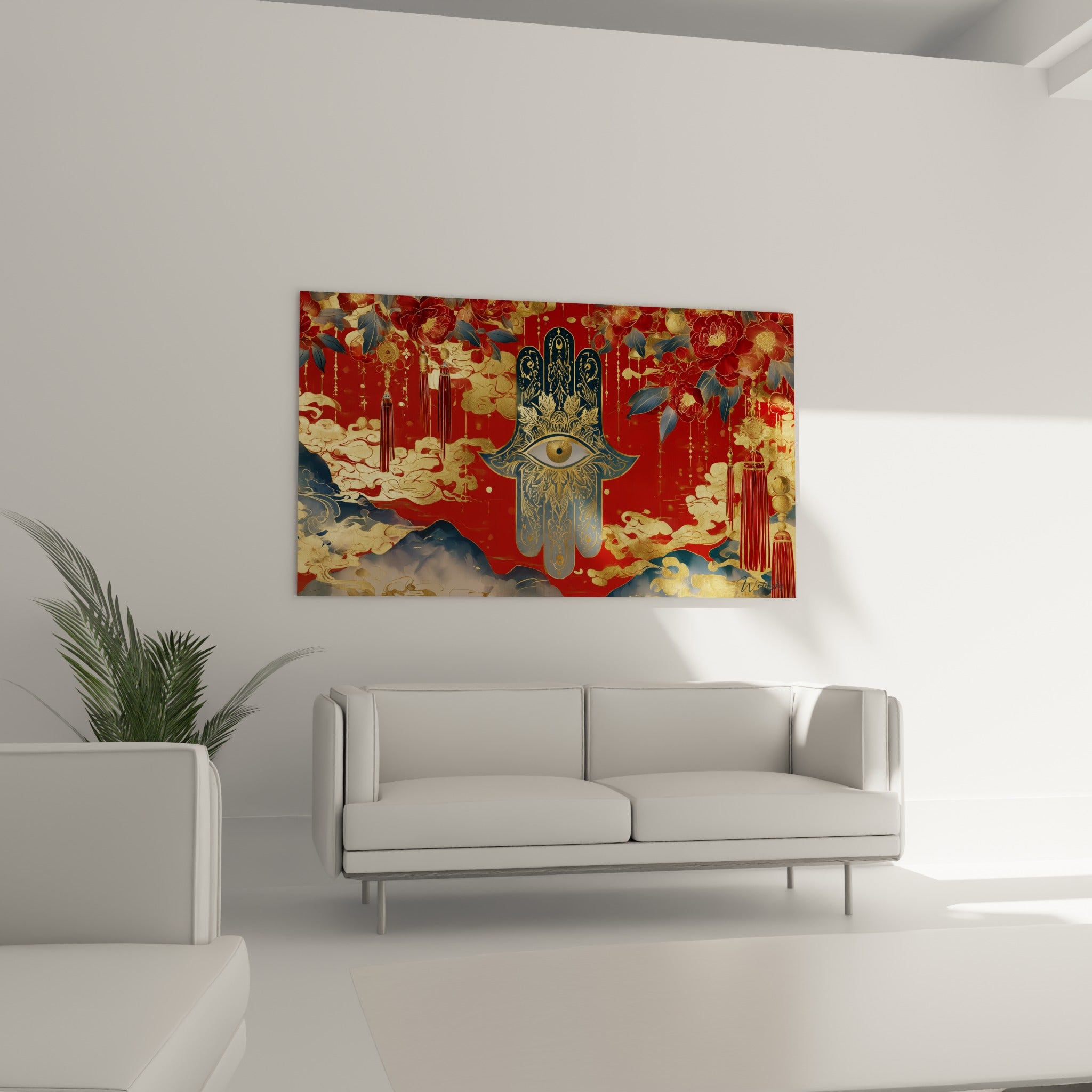 Motifs floraux rouges et dorés entourant la Main de fatma, au-dessus d'un canapé dans un salon lumineux