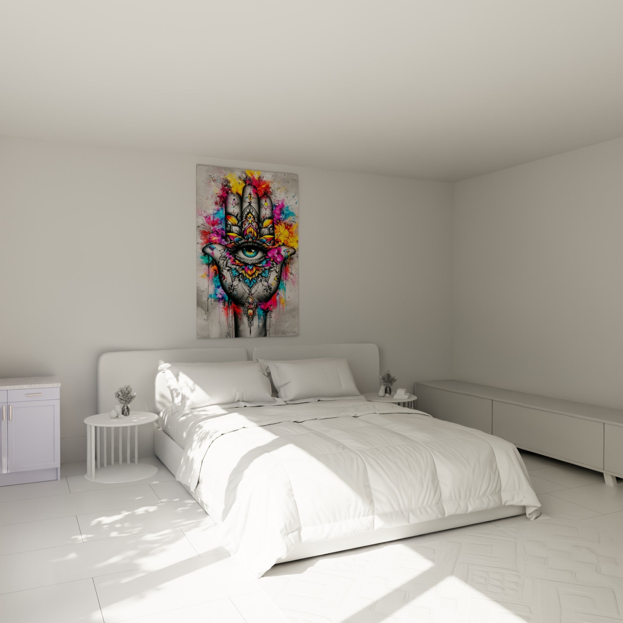 Paume ornée d'un œil bleu et de motifs fuchsia accrochée au-dessus d'un lit dans une chambre claire