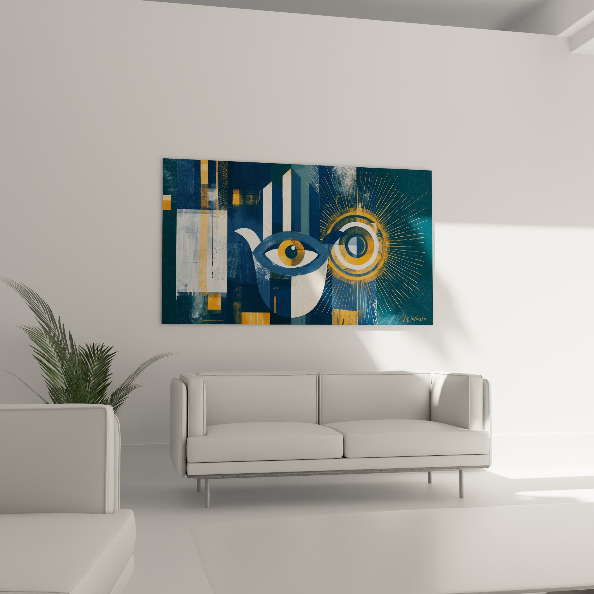 Composition graphique bleu nuit et orange au-dessus d'un canapé dans un salon lumineux