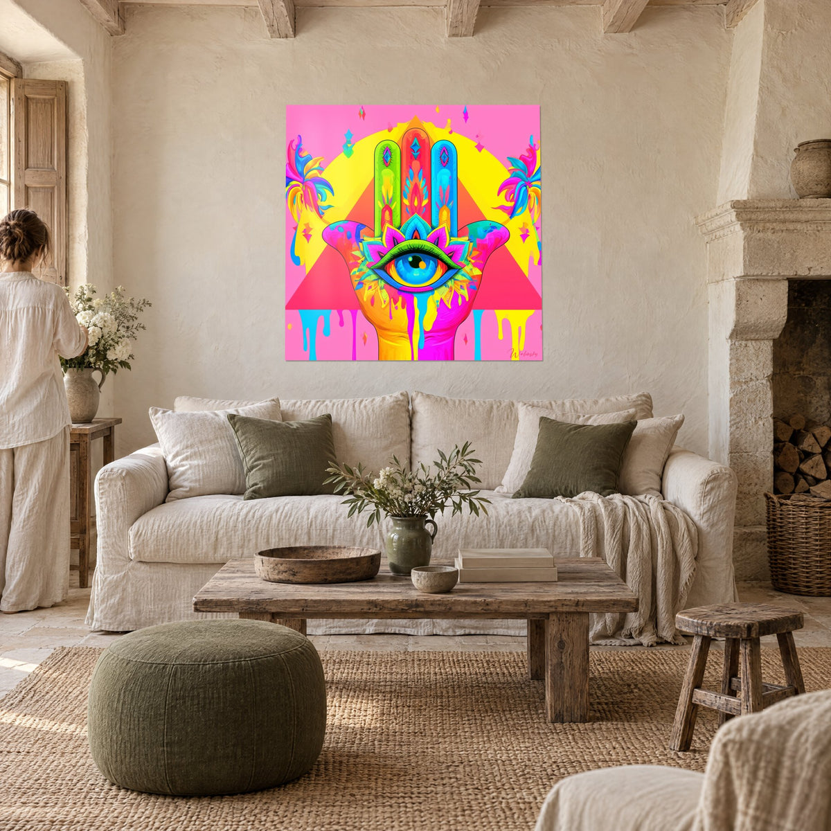 Tableau main de fatma pop aux doigts vert, rouge et bleu, œil turquoise coulant de rose, au-dessus d'un canapé dans un salon lumineux