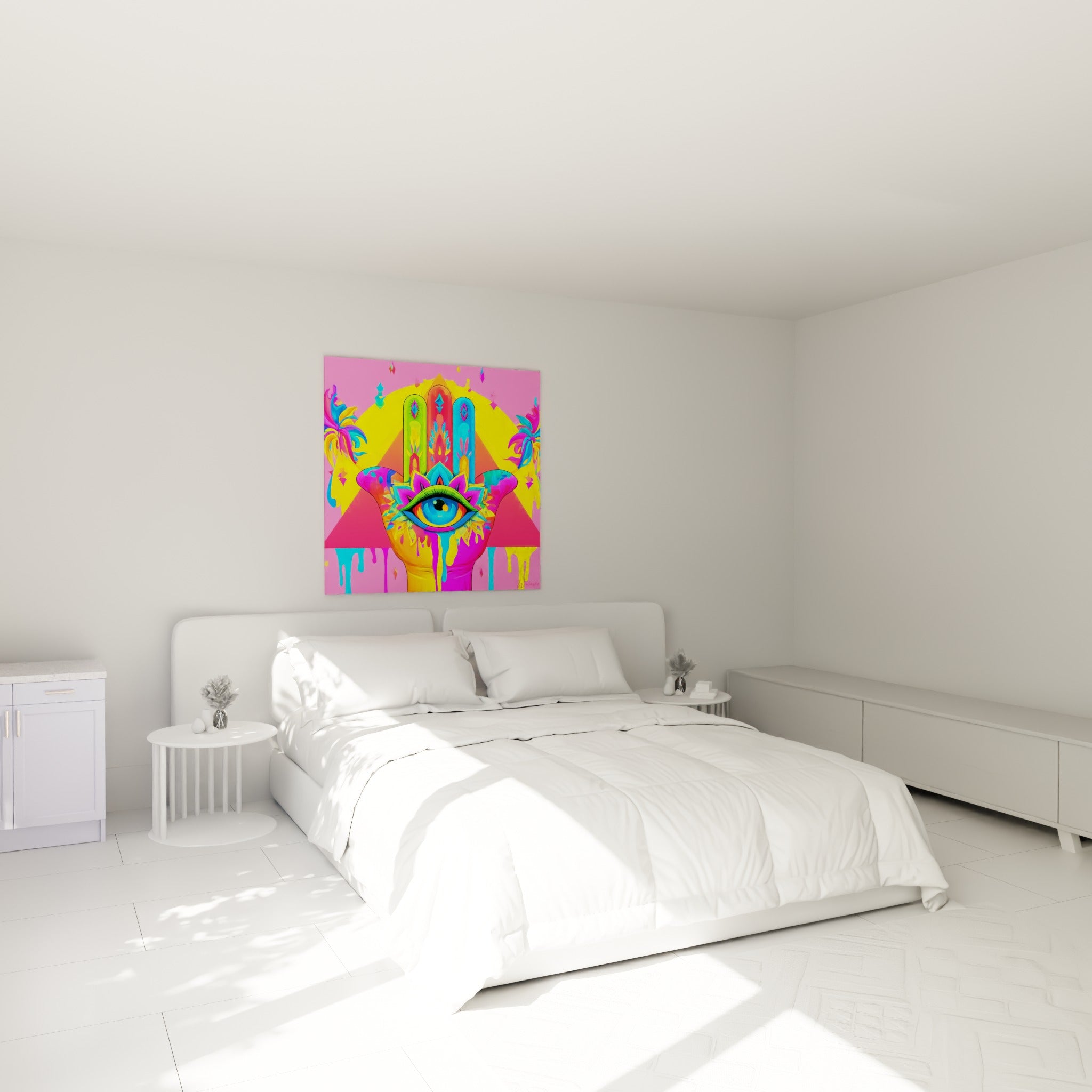 Symbole protecteur aux teintes rose et jaune, œil bleu vif, accroché au-dessus d'un lit dans une chambre claire