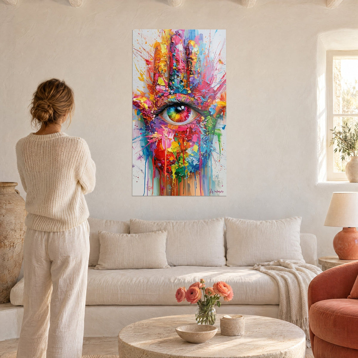 Tableau main de fatma aux coulures rouges et turquoise, œil arc-en-ciel, au-dessus d'un canapé dans un salon lumineux