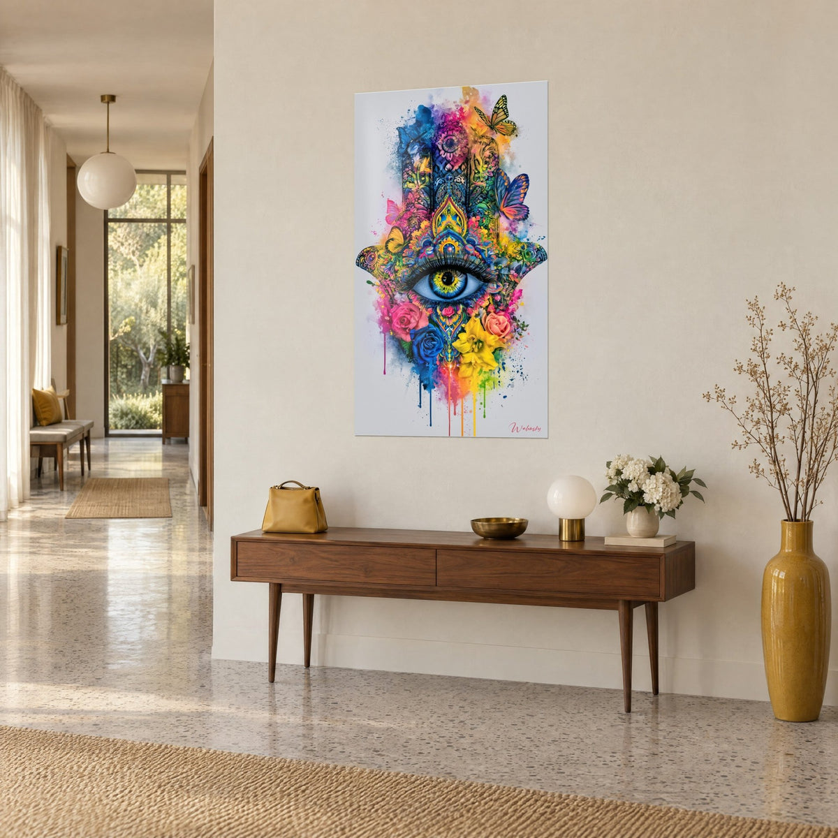 Tableau talisman hamsa aux arabesques turquoise et dorées, coulures arc-en-ciel, sur un mur beige près d'une console en bois