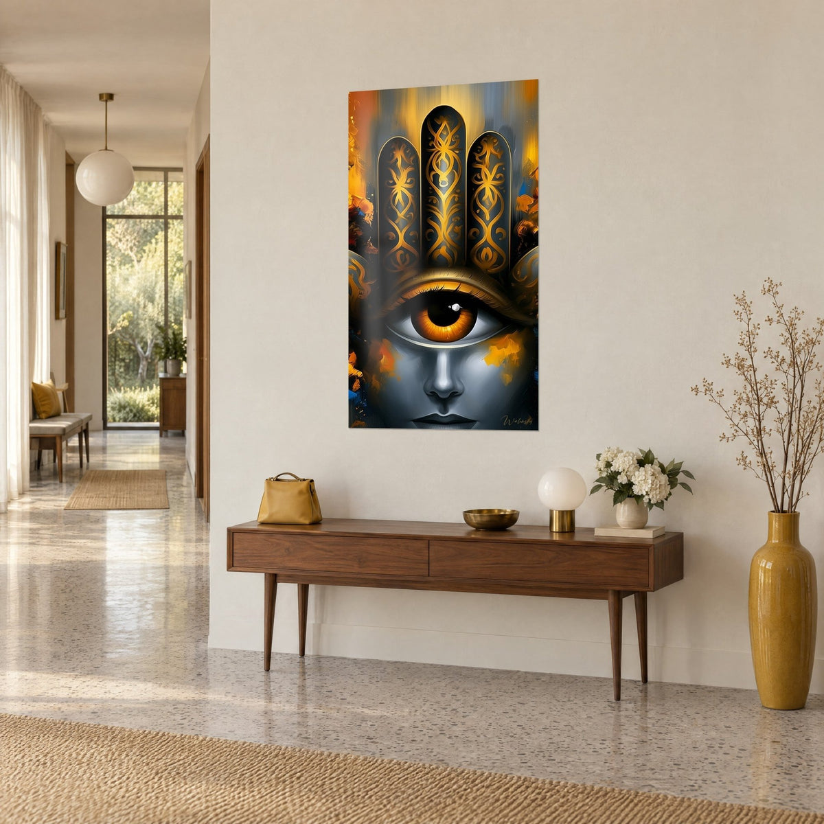 Tableau talisman hamsa gris acier et doré, œil orangé cerné de noir, vu de trois-quarts au-dessus d'une console en bois