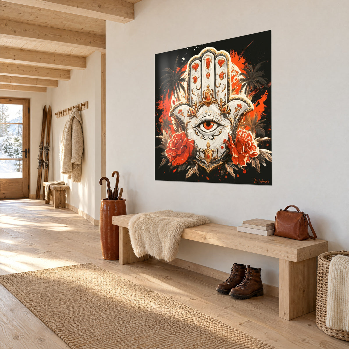 Tableau talisman hamsa ivoire aux palmiers sombres, éclaboussures orange vif, accroché sur un mur blanc d'entrée en bois clair