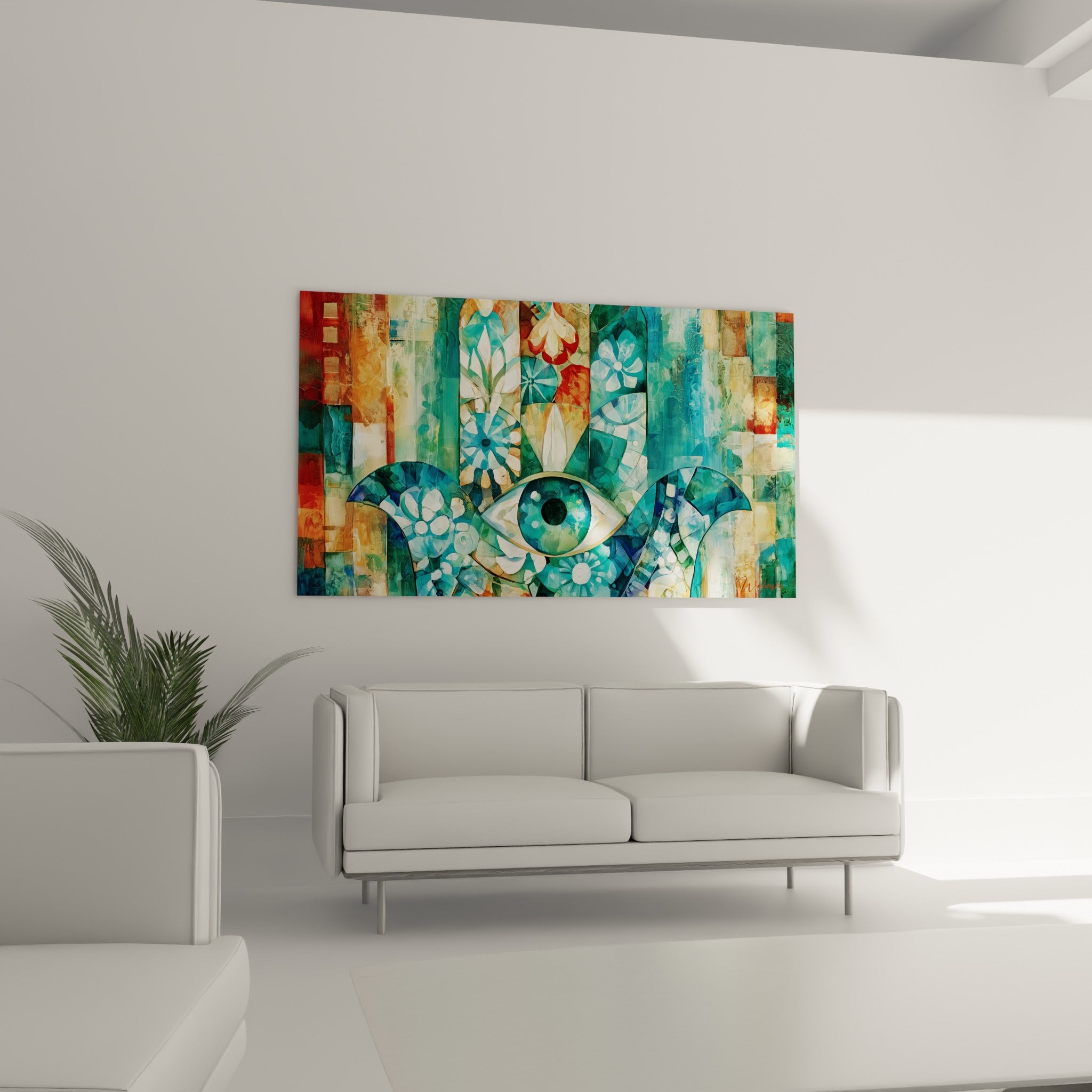 Symbole protecteur bleu canard et corail, fleurs mosaïquées, au-dessus d'un canapé dans un salon lumineux