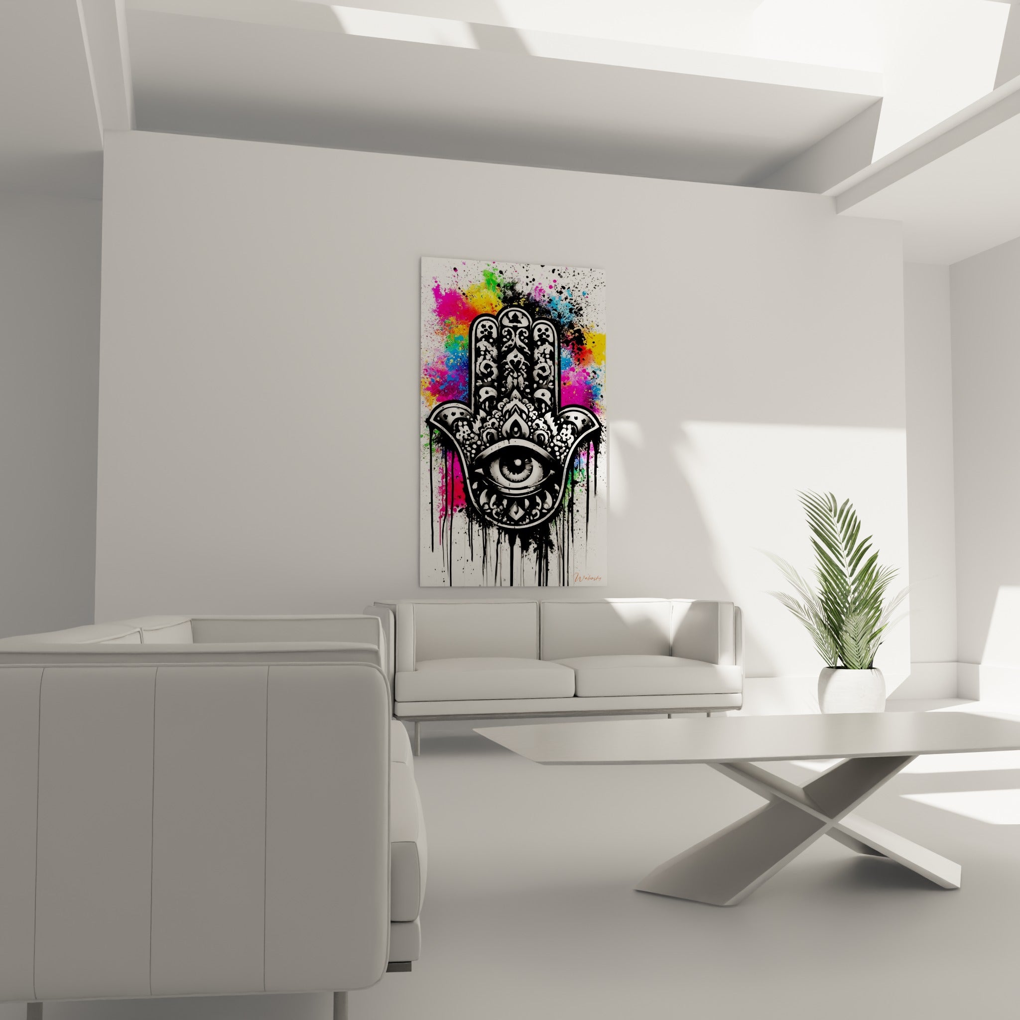 Motifs gravés gris anthracite et projections vertes et magenta, au-dessus d'un canapé dans un salon lumineux