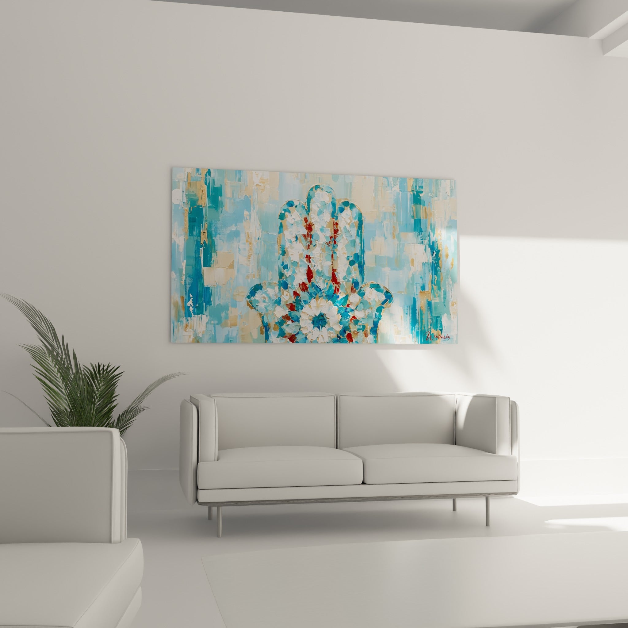 Symbole bleu et doré à la matière relevée, au-dessus d'un canapé dans un salon lumineux