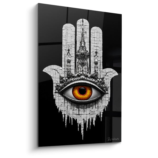 Cuadro Mano de Fátima blanca con ojo ámbar - Ojo vigilante - Edición Mano de Fátima