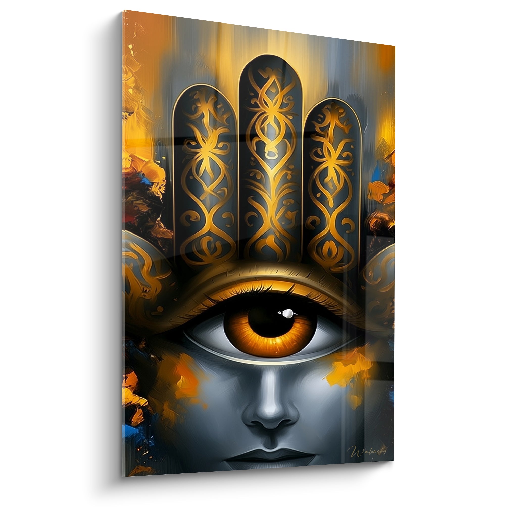 Main de Fatma dorée à l'œil ambré sur fond anthracite aux motifs ouvragés