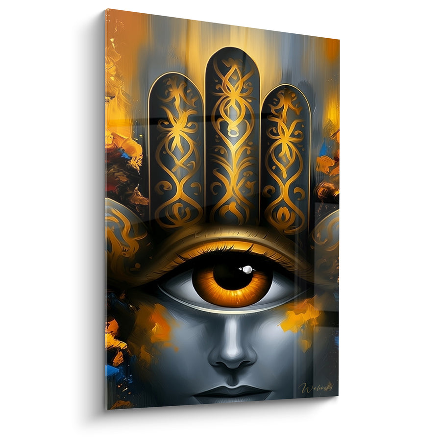 Fatma Hand Table Gray and Gold with Curved Fingers - Amber Eye Surrounded by Black - Fatma Hand Edition