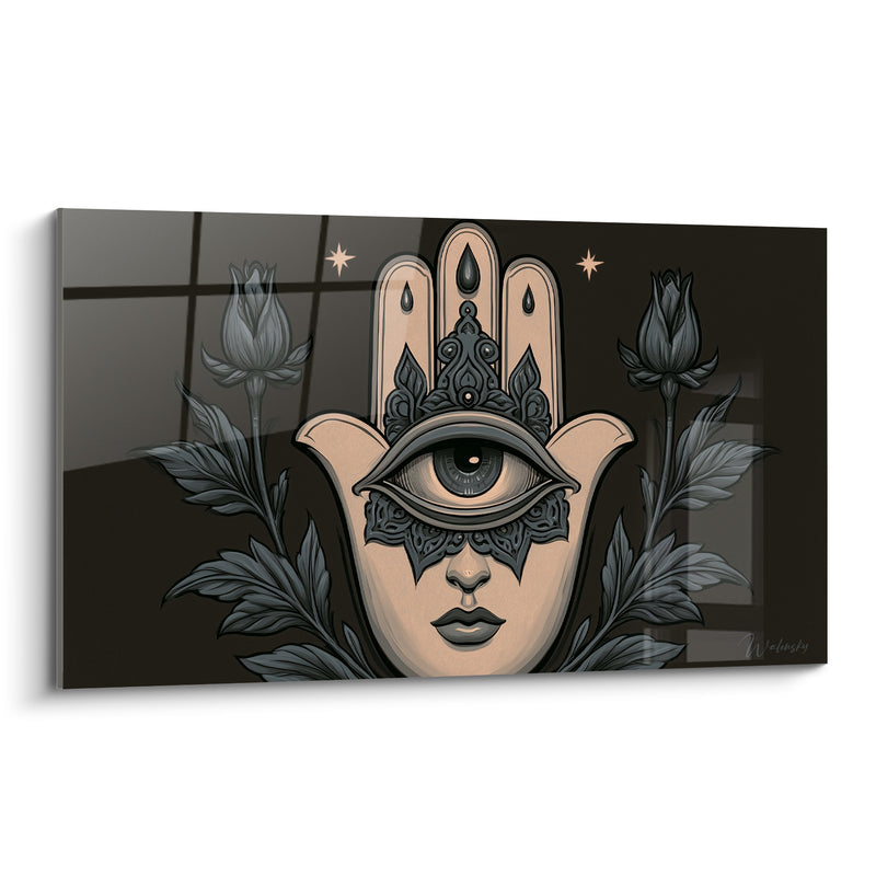 Tableau Main de fatma beige et anthracite fleurie - Veille mystique - Edition Main de fatma