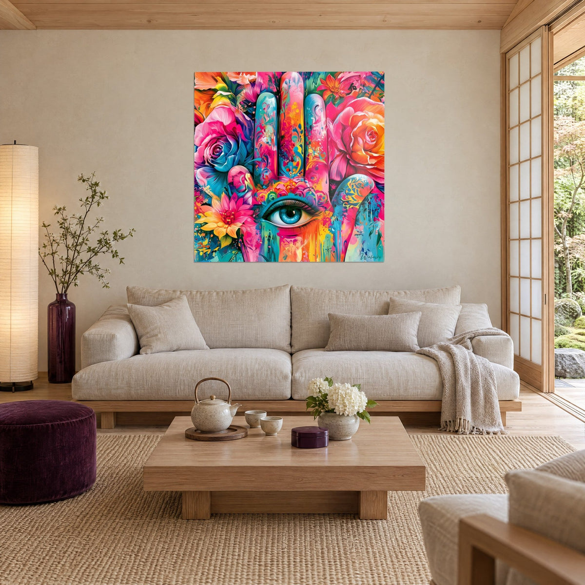Cuadro mano de Fatma con flores en rosa y turquesa, ojo azul rodeado de rosas naranjas, sobre un sofá en un salón luminoso