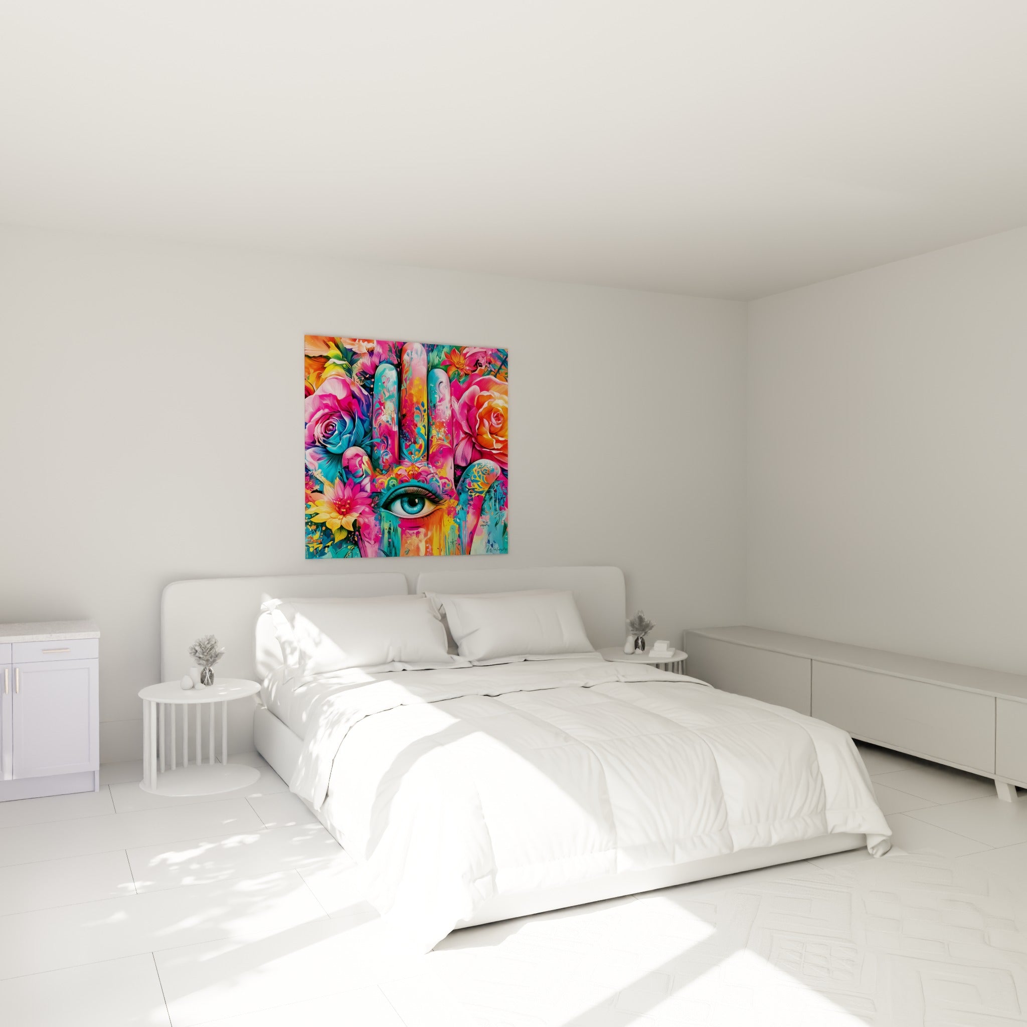 Paume fleurie turquoise et orangée de la Main de fatma au-dessus d'un lit dans une chambre claire
