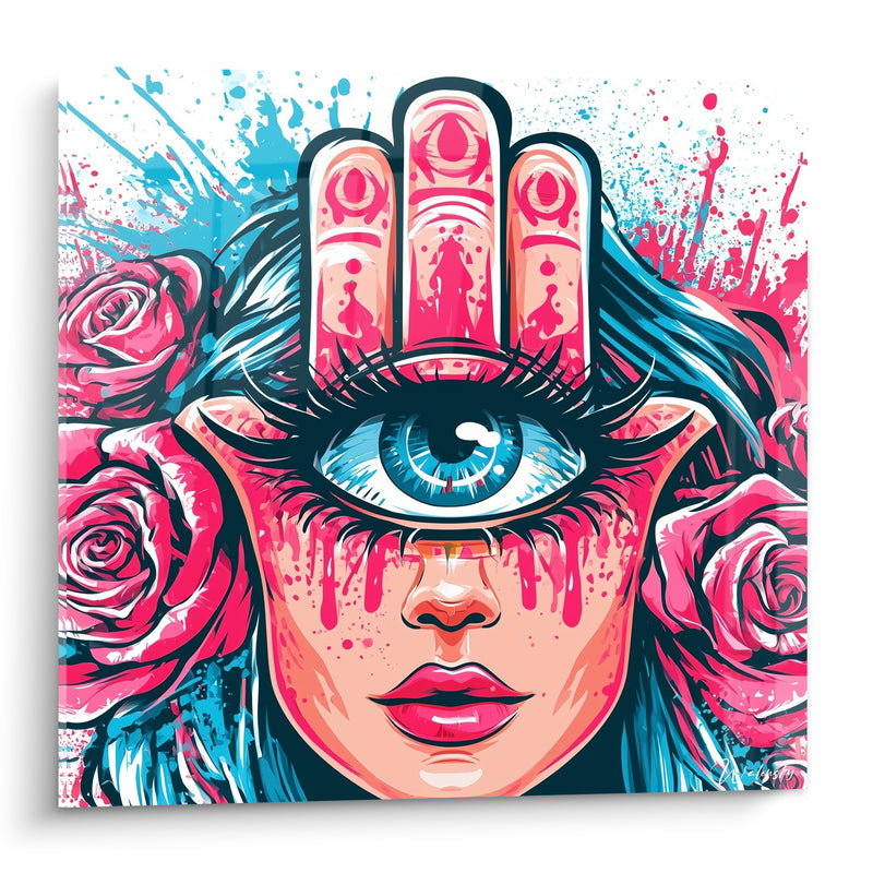 Tableau Visage œil unique roses fuchsia - Vision intérieure - Edition Main de fatma