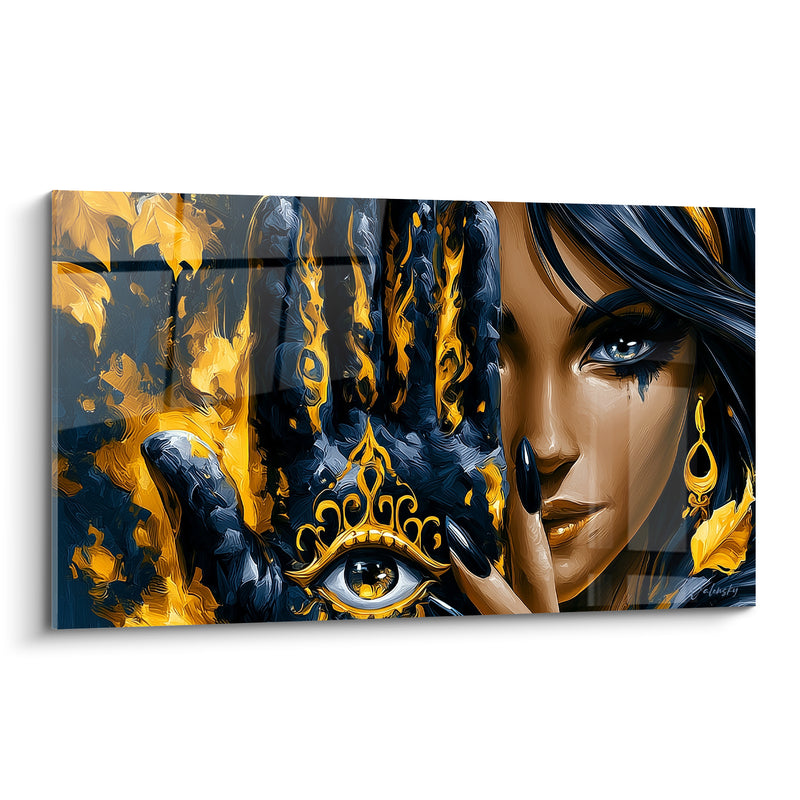 Tableau Main de fatma noire et dorée aux ongles griffés - Boucle d'oreille dorée - Edition Main de fatma
