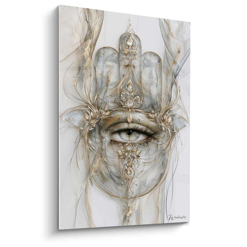 Tableau Main de fatma grise et dorée translucide filigranée - Cils délicats détaillés - Edition Main de fatma