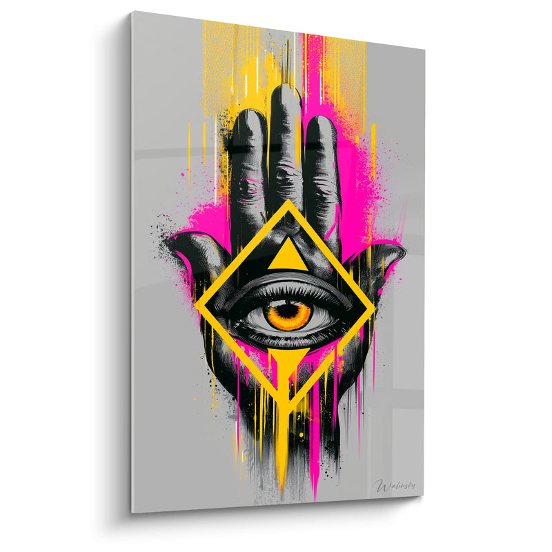 Tableau Main de fatma noire aux coulures fuchsia et jaune fluo - Losange doré au triangle - Edition Main de fatma