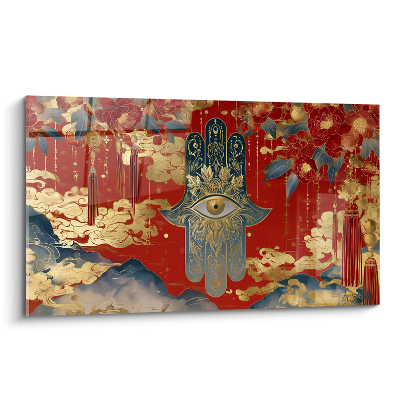 Tableau Main de fatma rouge et bleu marine aux pompons suspendus - Nuages dorés stylisés - Edition Main de fatma