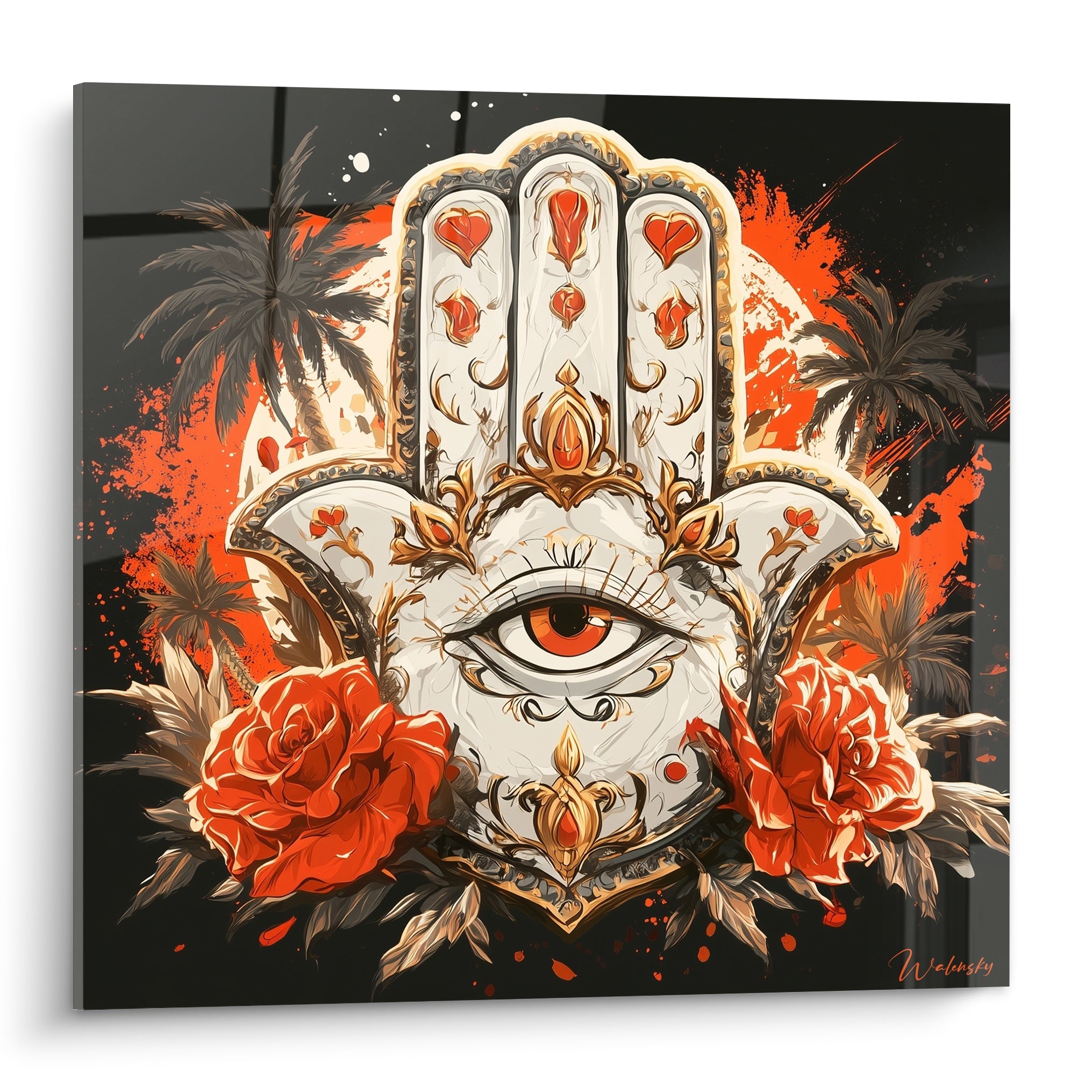 Main de fatma blanche et dorée à l'œil orange entourée de roses corail sur fond anthracite