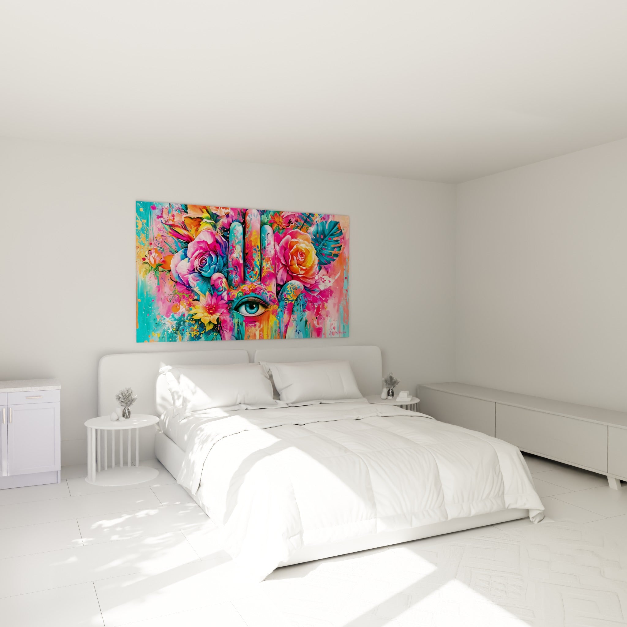 Fleurs roses et turquoise entourant une Main de Fatma symbolique, accrochée au-dessus d'un lit dans une chambre claire