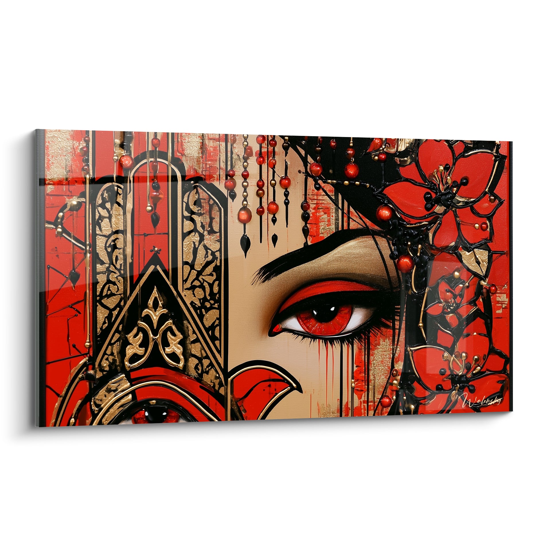 Main de fatma en noir et or, œil rouge intense et fleurs ornées sur fond terracotta