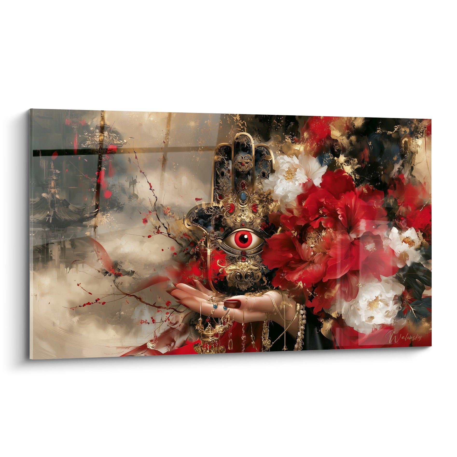 Main de fatma dorée à l'œil rouge entourée de pivoines rouges et blanches sur fond beige fumé