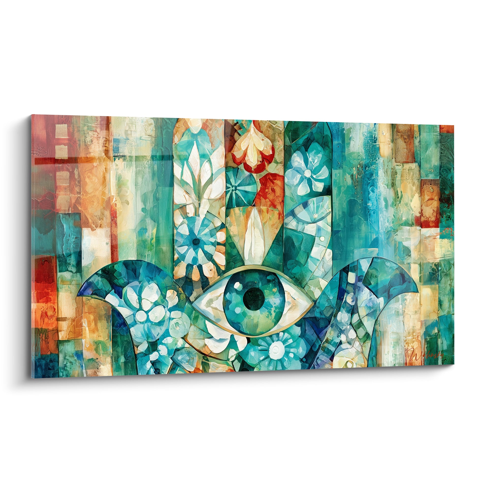 Main de fatma turquoise et terracotta, œil central mosaïque, motifs floraux blancs et bleus