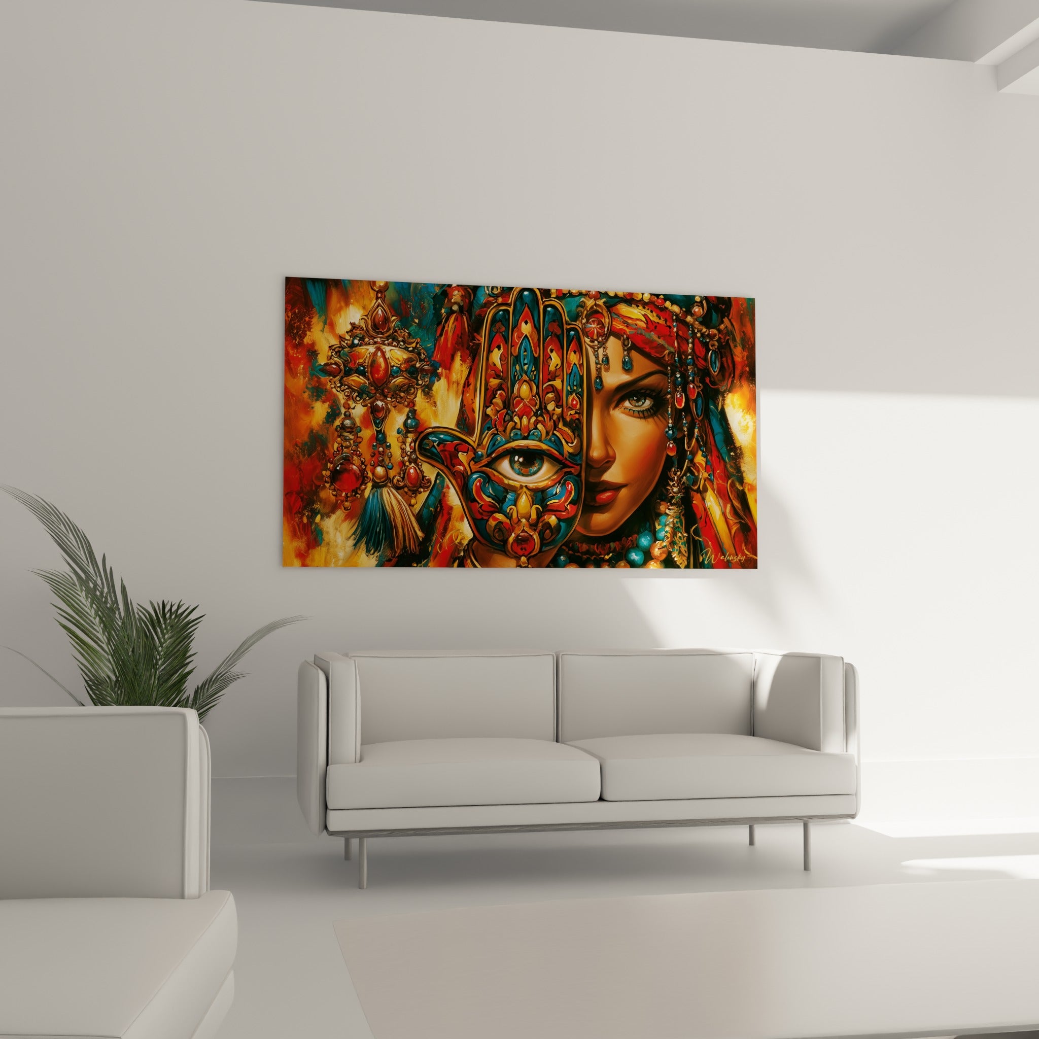 Parure orientale rouge et turquoise entourant une main de Fatma, au-dessus d'un canapé dans un salon lumineux