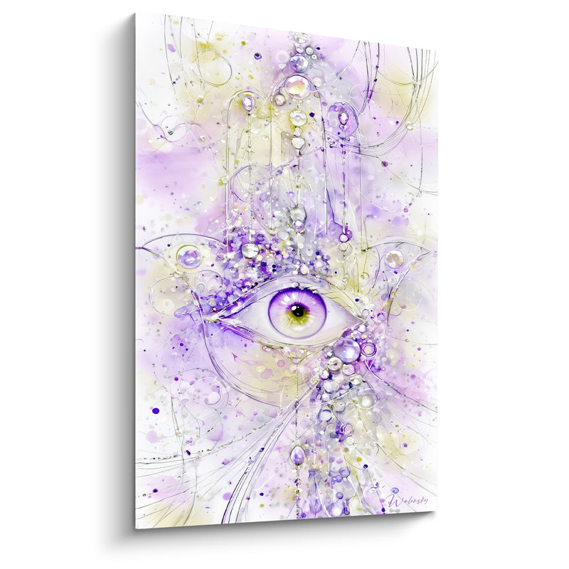 Tableau Main de fatma mauve et ivoire aux perles cristallines - Éclaboussures aquarellées délicates - Edition Main de fatma