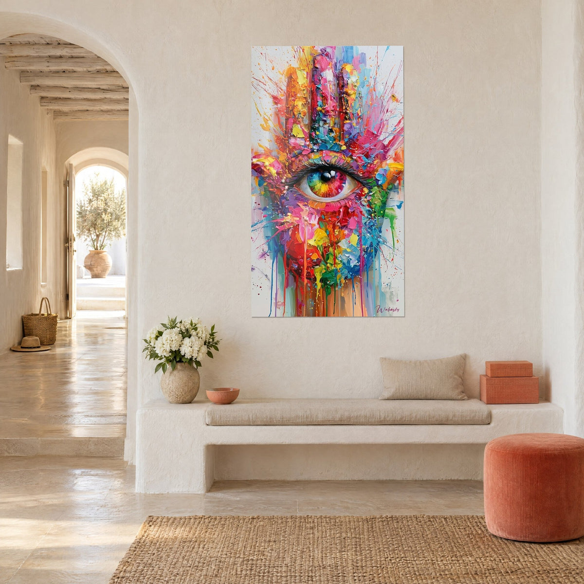Tableau hamsa peint en empâtements roses et jaune safran, iris multicolore, sur mur blanc d'une maison méditerranéenne