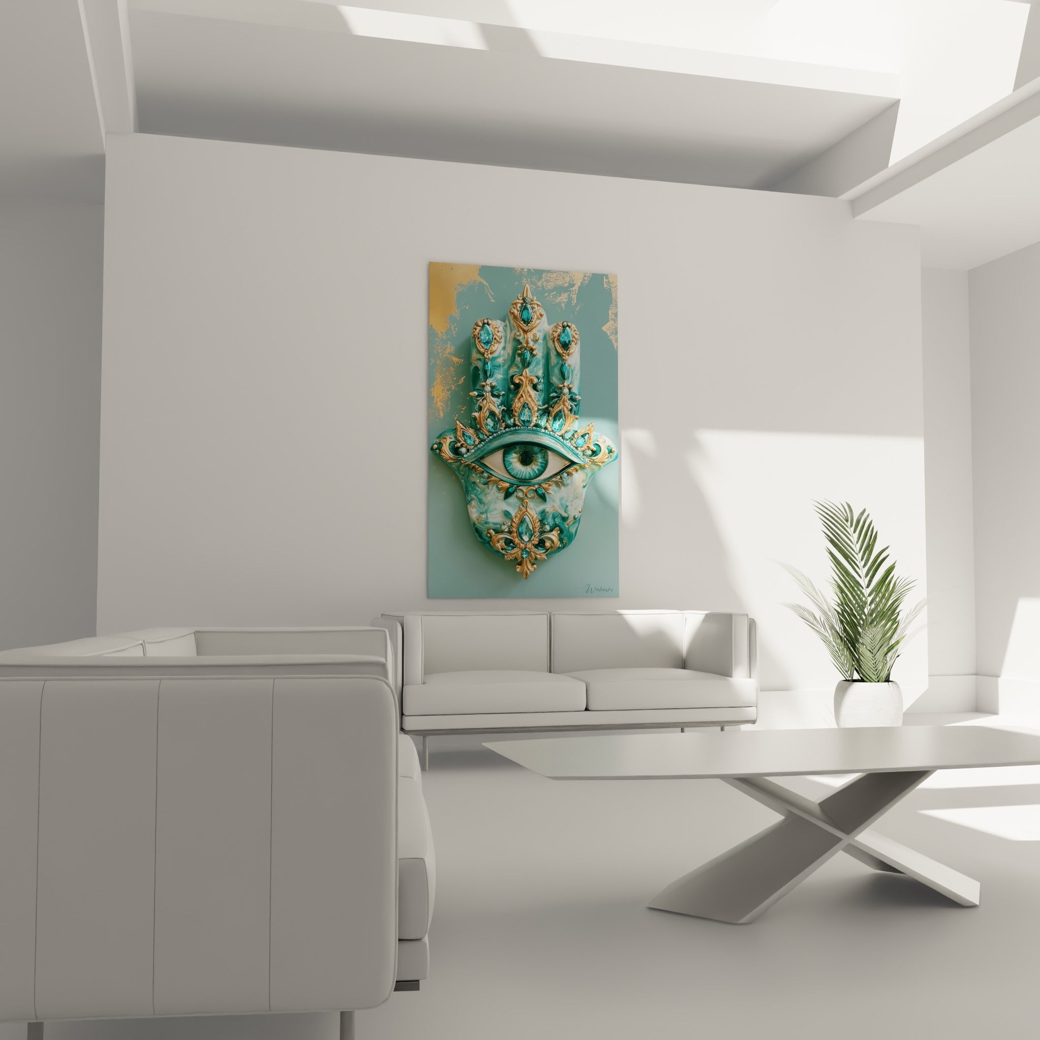 Bijou mural turquoise et doré, main de fatma suspendue au-dessus d'un canapé dans un salon lumineux