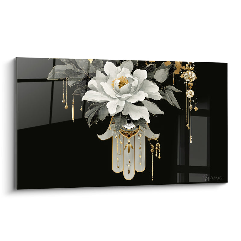 Tableau Main de fatma fleurie noire et dorée - Éveil floral protecteur - Edition Main de fatma